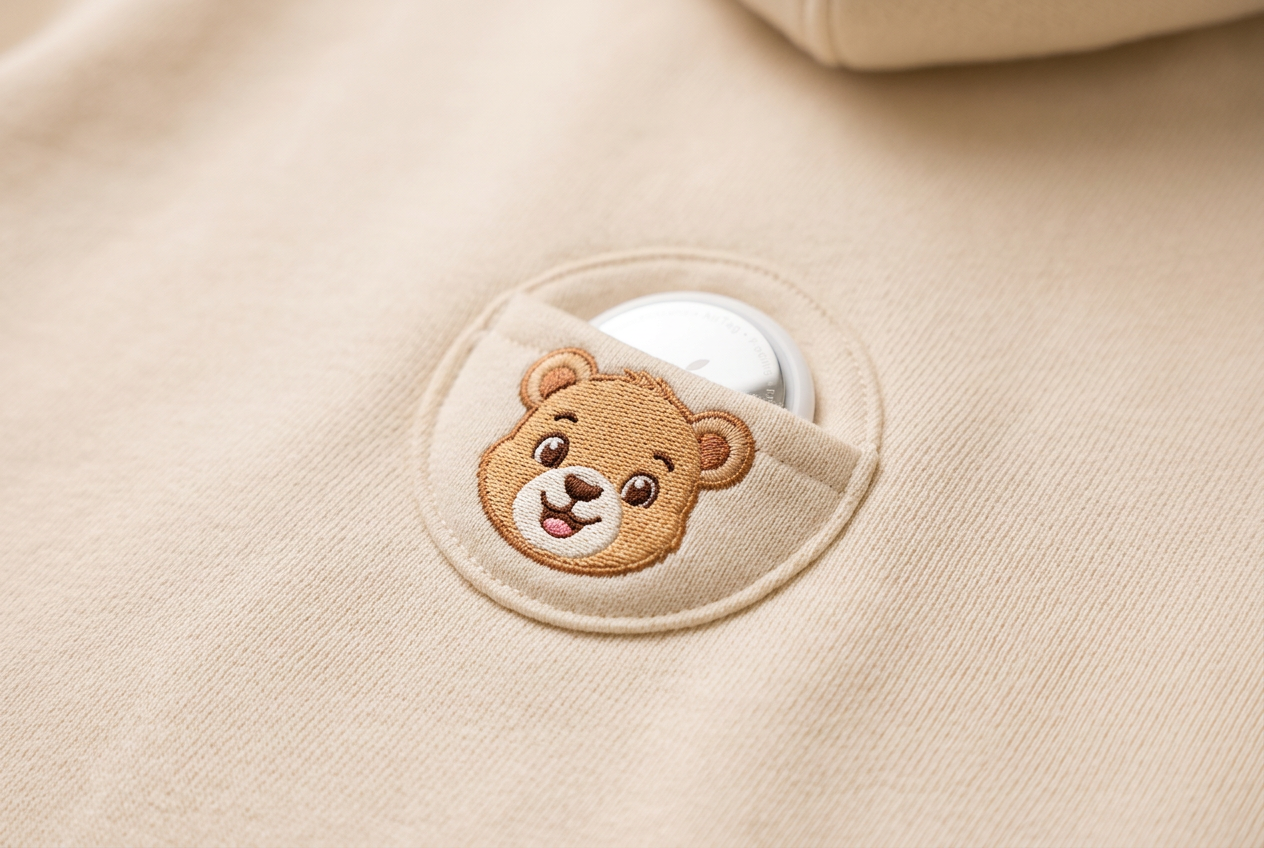 Back of a cream NURO hoodie showing the hidden secure AirTag pocket detail