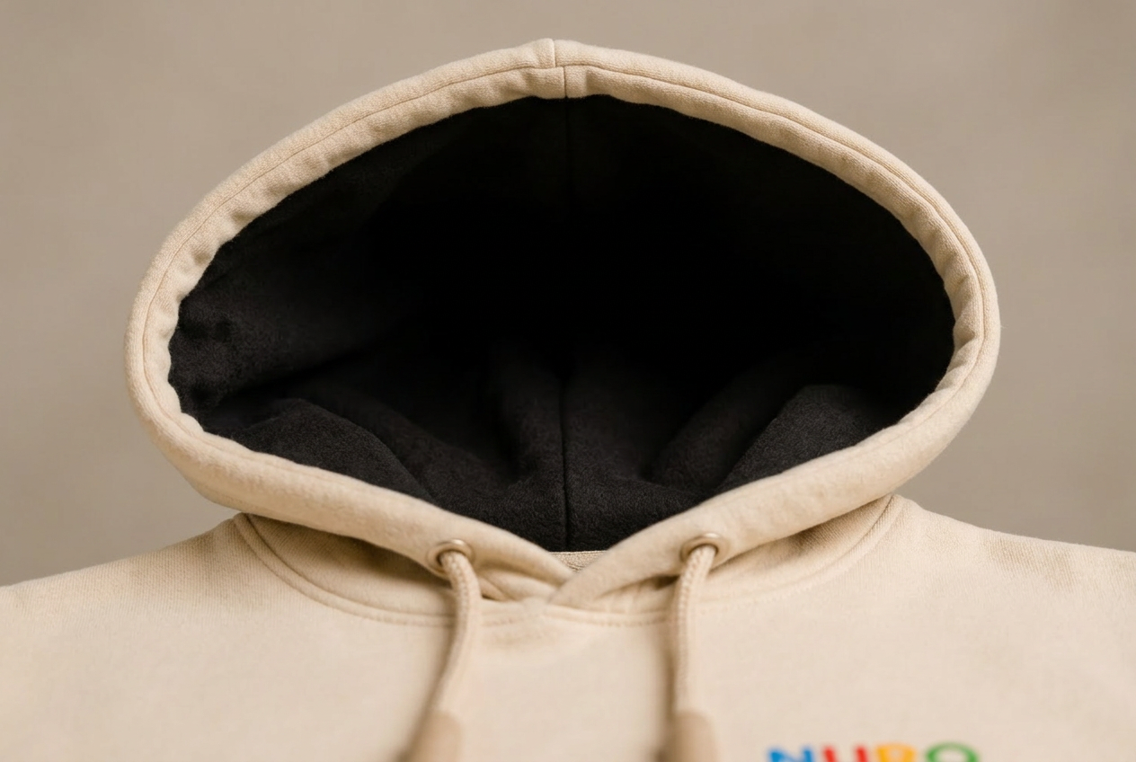 A cream NURO hoodie with an oversized deep blackout-lined hood
