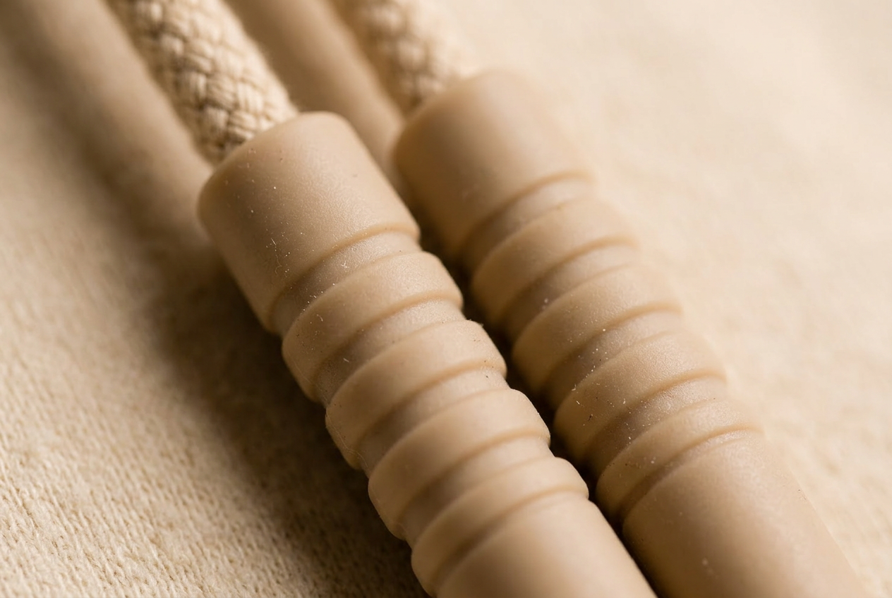 Front of a cream NURO hoodie showing the chewable silicone-tipped drawstrings